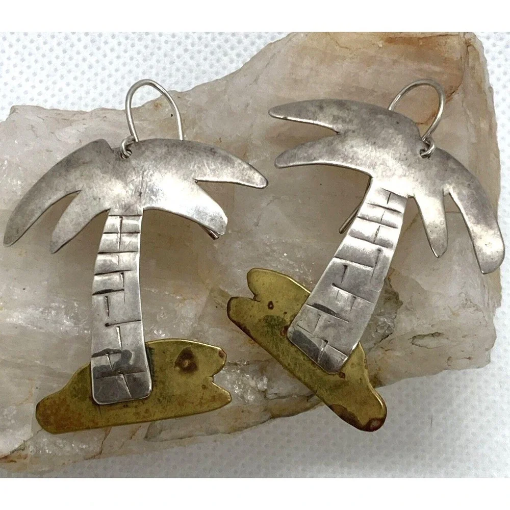 Vintage Palm Trees Sterling Silver 925 & Brass Matching‎ Earring & Brooch Set 9g